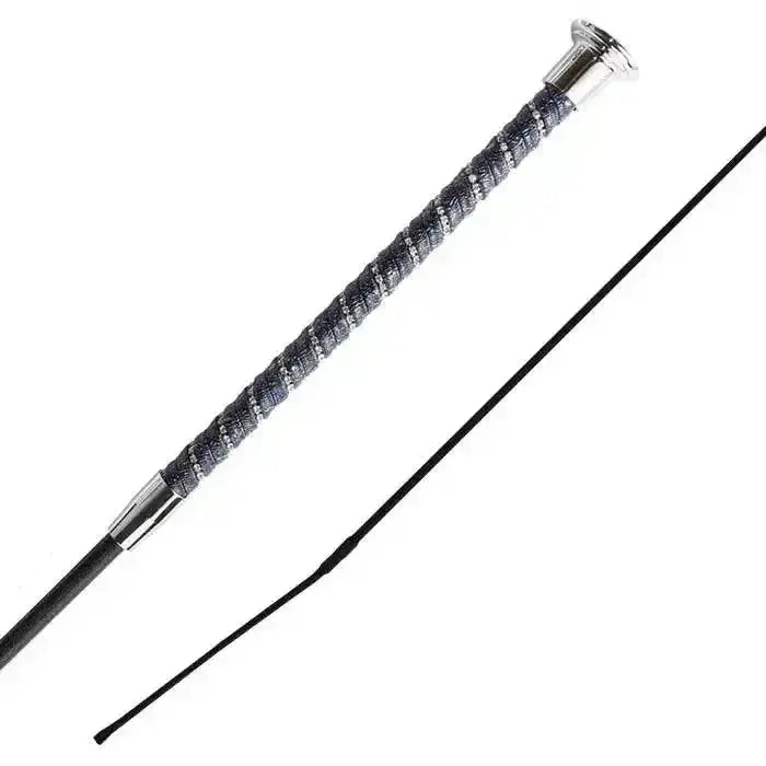Black and silver woof wear twisted dressage whip with shimmer grip twisted and textured handle for equestrian use