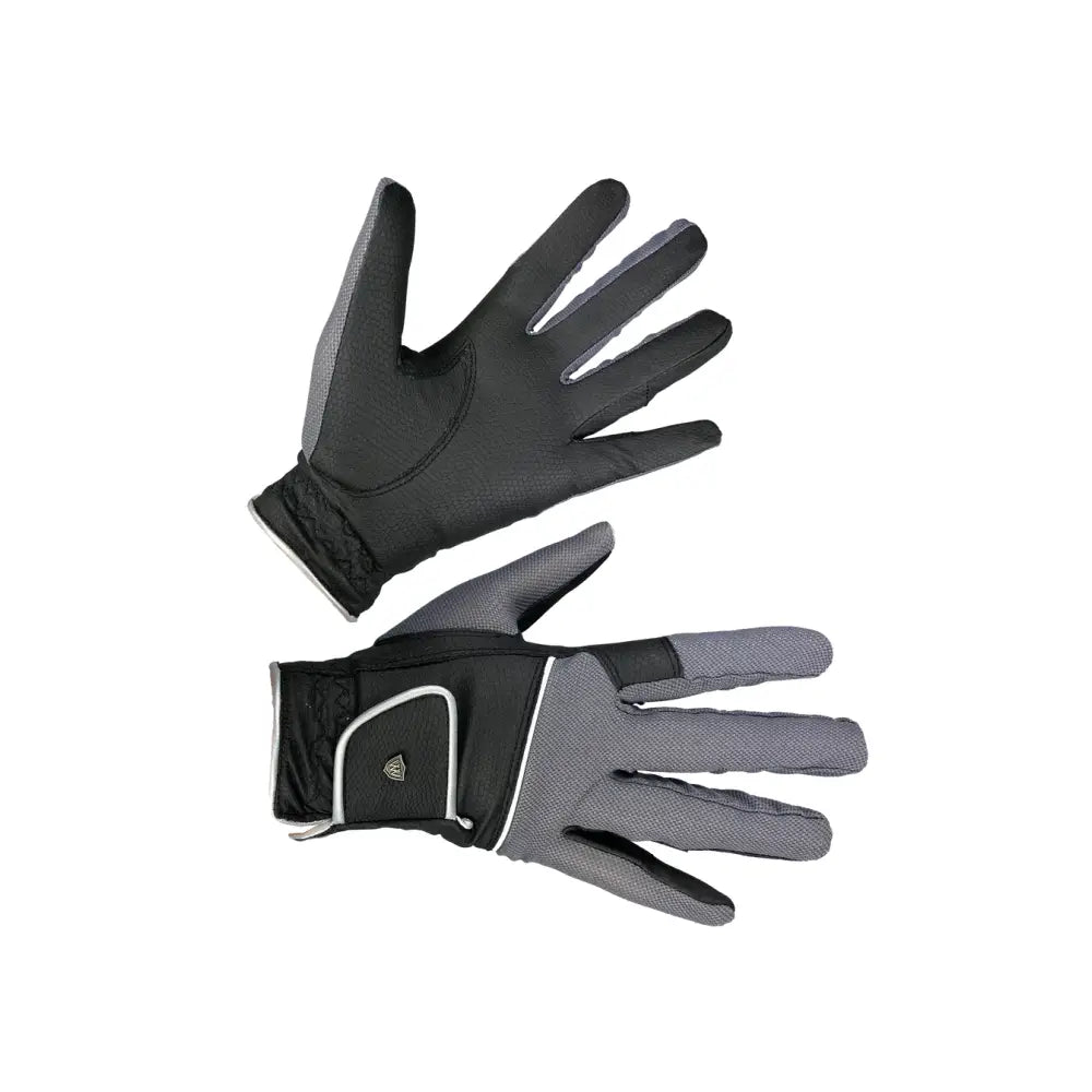 Black and gray woof wear vision riding glove with reinforced reintex reptile palm and white stitching accents back view