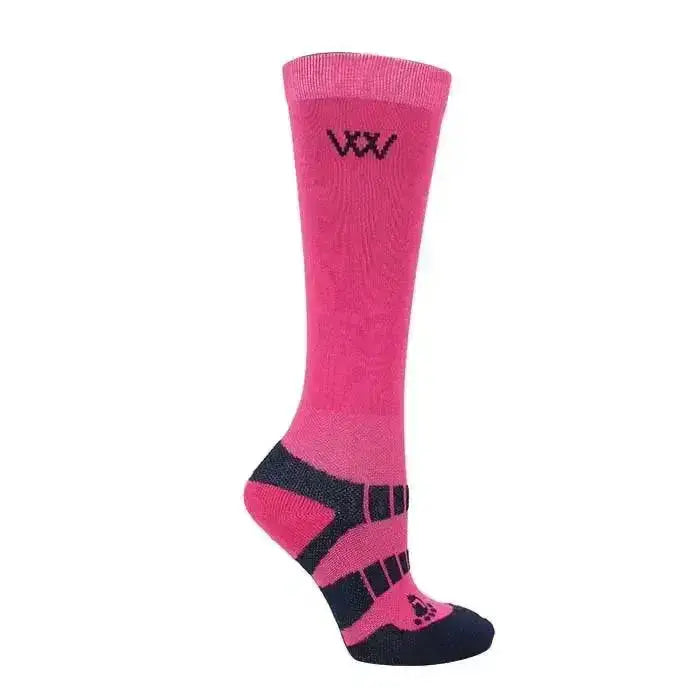 Bright pink woof wear young rider pro sock with black accents and subtle logo perfect for ultimate performance socks