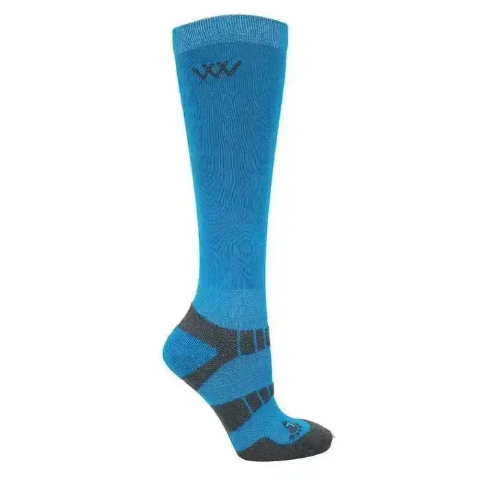 Blue woof wear young rider pro sock with black accents and textured knit pattern for ultimate performance socks