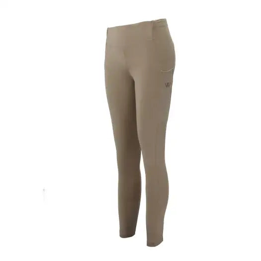 Beige woof wear young rider pro tights with seat silicone grip and small logo on thigh in stretchy fabric