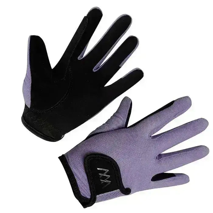 Back of purple and black woof wear young riders glove with mesh texture and reinforced fingertips perfect riding glove