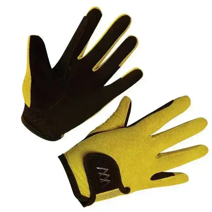 Yellow and black woof wear young riders glove showing mesh back perfect riding glove for comfort and grip