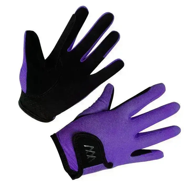 Back of purple and black woof wear young riders glove with mesh texture and reinforced fingertips perfect riding glove