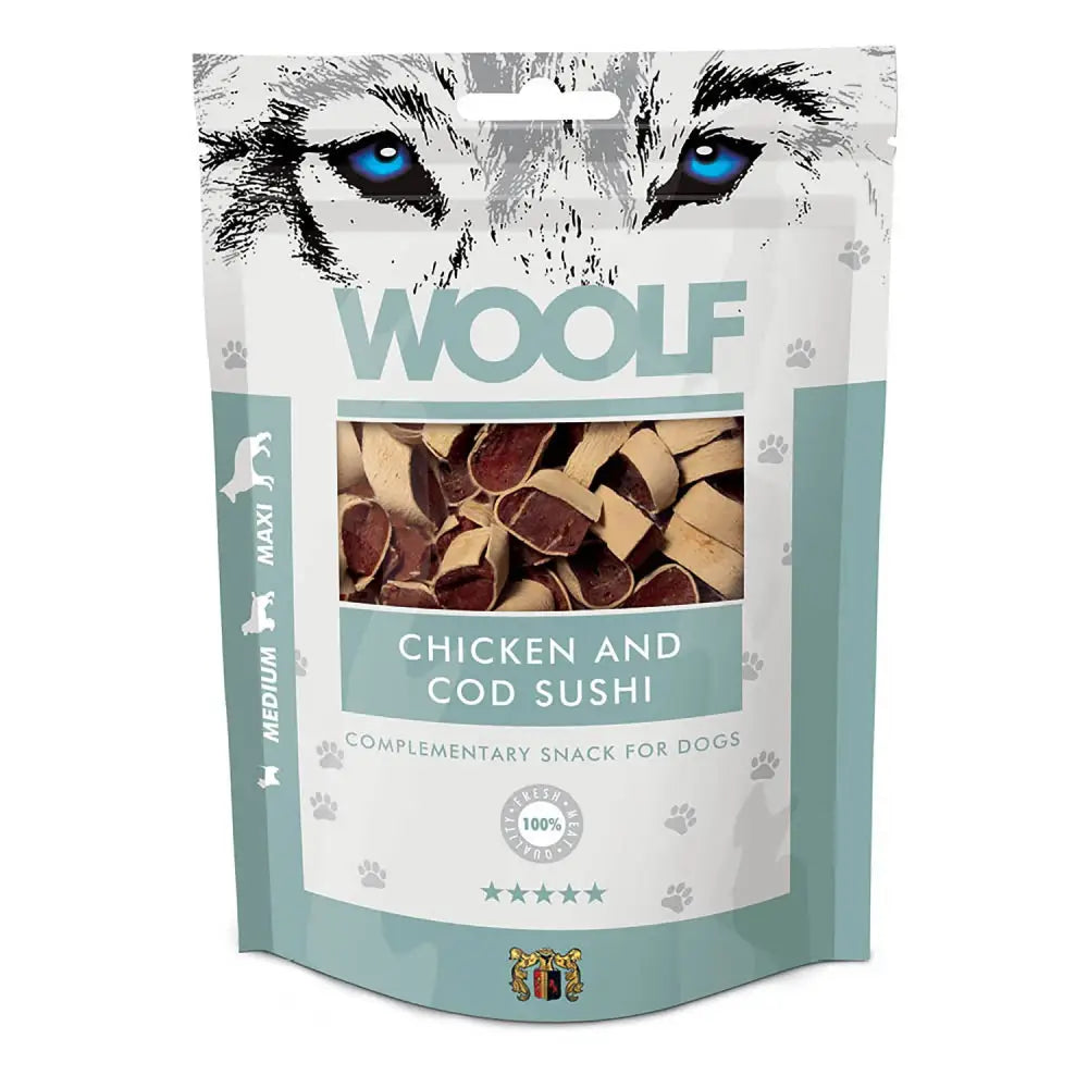 A teal and white resealable bag of woolf chicken and cod sushi dog treats with striking blue-eyed wolf eyes on front