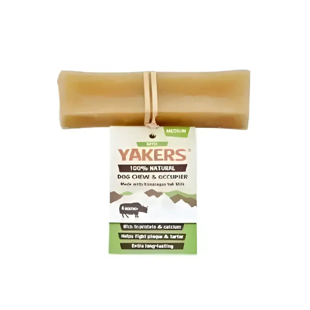 A tan cylindrical medium yak milk chew made from 100% natural himalayan yak milk dog treats with apple and strawberry