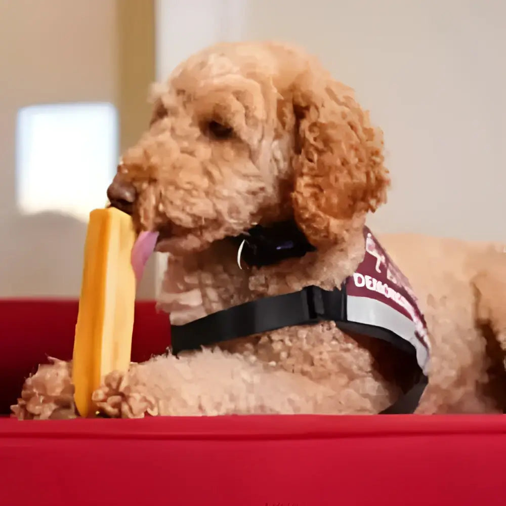 A curly golden-brown dog wearing a harness chewing on a yellow yak milk dog treat stick from yakers strawberry medium yak chews