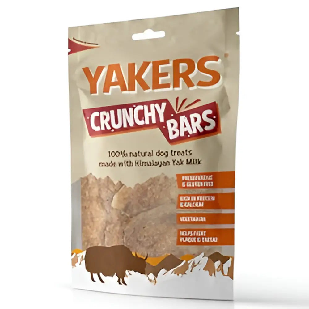 Yakers crunchy bars 5 x 70g natural brownish-tan chewy dog treats made with himalayan yak milk and yak illustrations