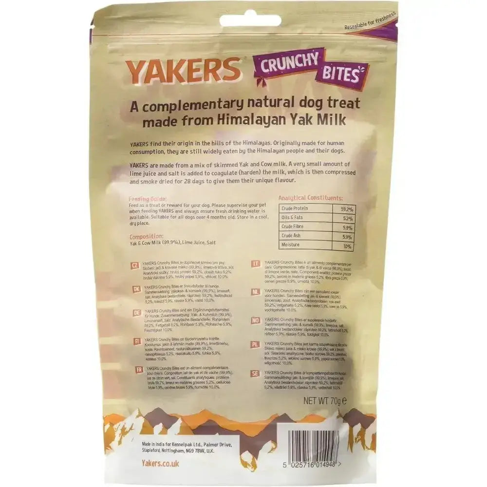 A beige and purple bag of yakers crunchy bites 70g natural dog treats made from original himalayan yak milk