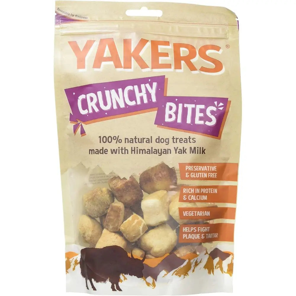 A resealable pouch of yakers crunchy bites original yakers chew 70g with brown and beige natural yak milk treats