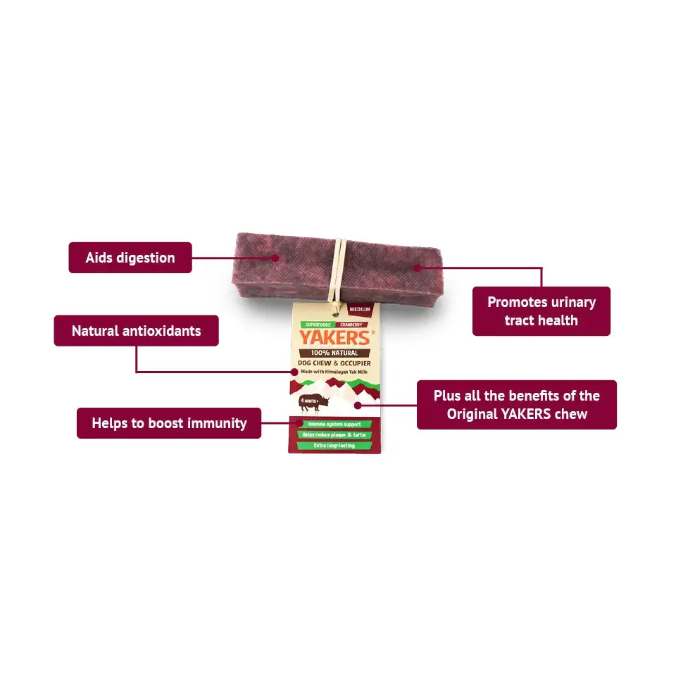 A dark reddish-brown rectangular yakers dog chew cranberry with a hanging tag showing 100% natural dog chew and mountains