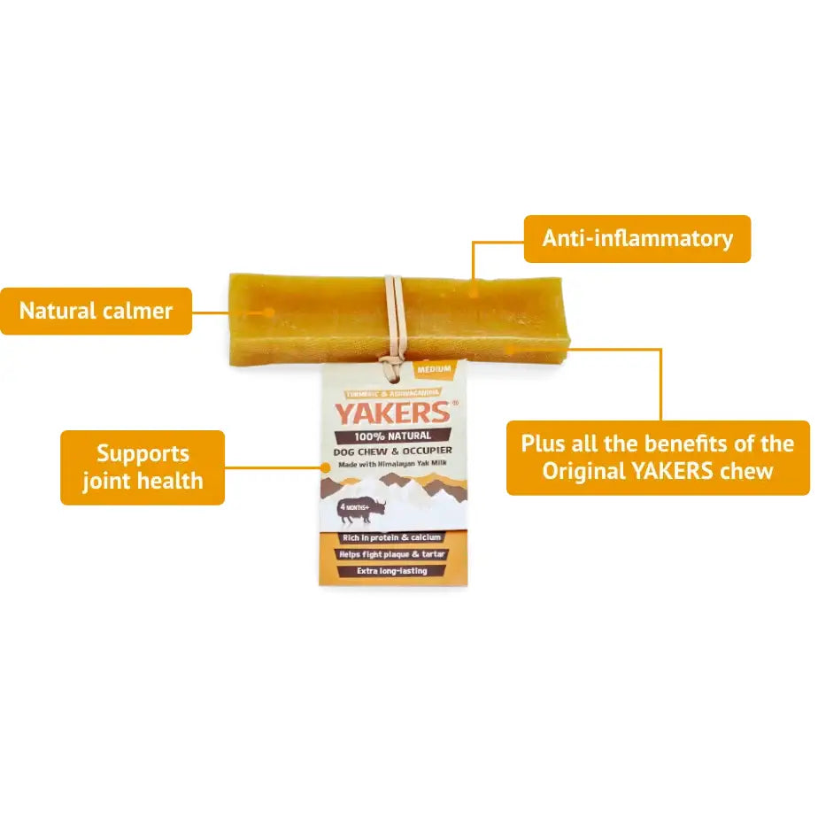 Yellow rectangular yakers dog chew made with himalayan yak milk featuring award-winning turmeric flavour
