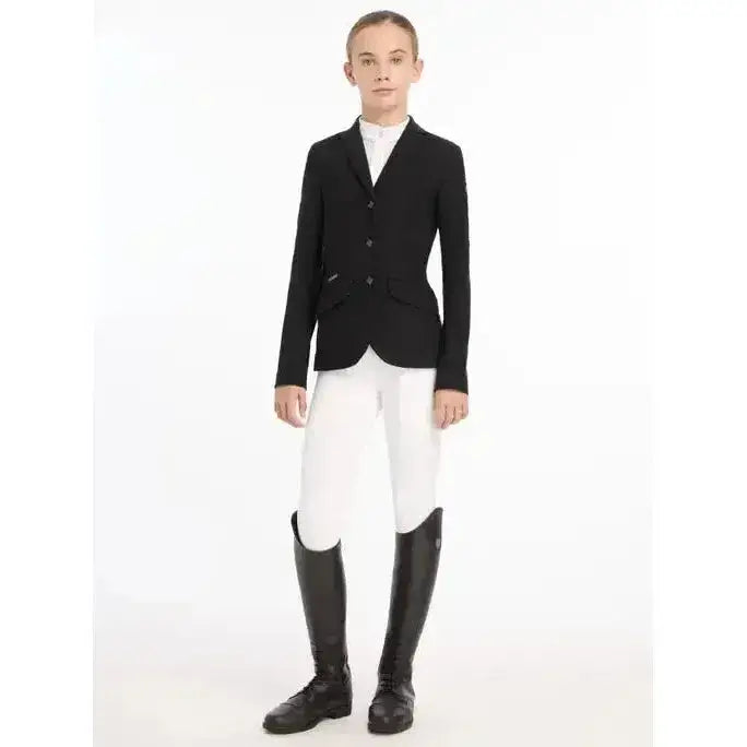 Black fitted young rider kennedy equestrian jacket with three buttons and flap pockets for riding events