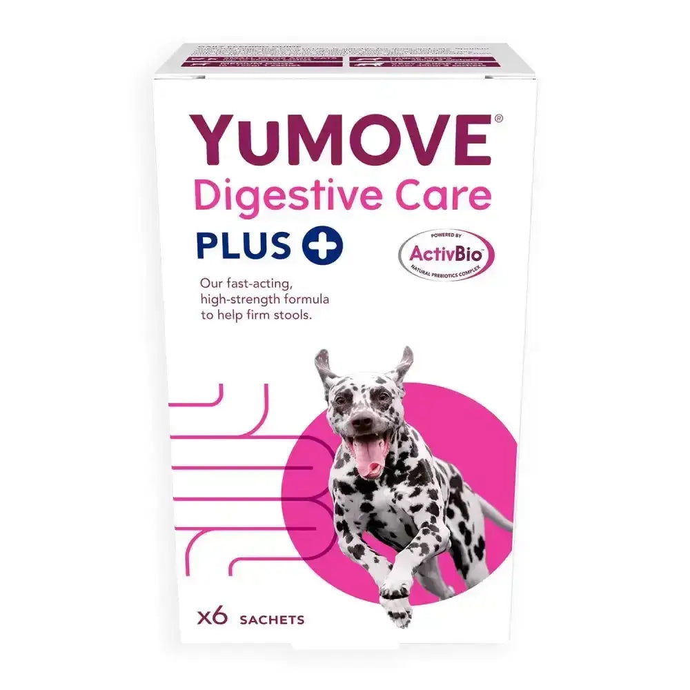 White cardboard box of yumove digestive care plus with black and white dalmatian dog and prebiotic complex for fast-acting digestive support