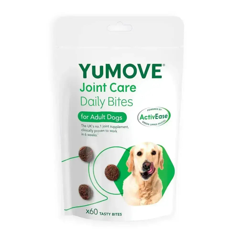 White pouch of yumove joint care daily bites with brown treats and a golden retriever for stiff joints relief