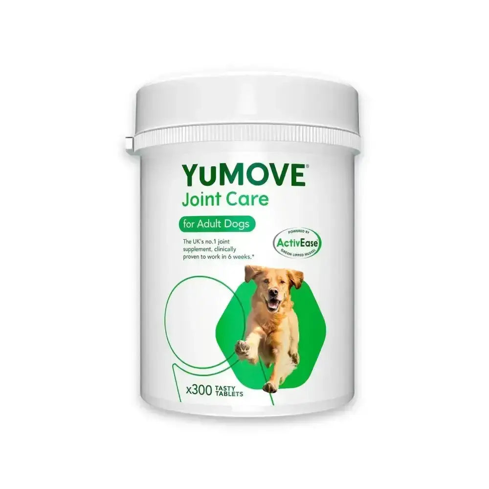 White yumove joint care container for adult dogs with green label shows golden retriever and 300 tasty tablets for long term joint health and to soothe stiffness