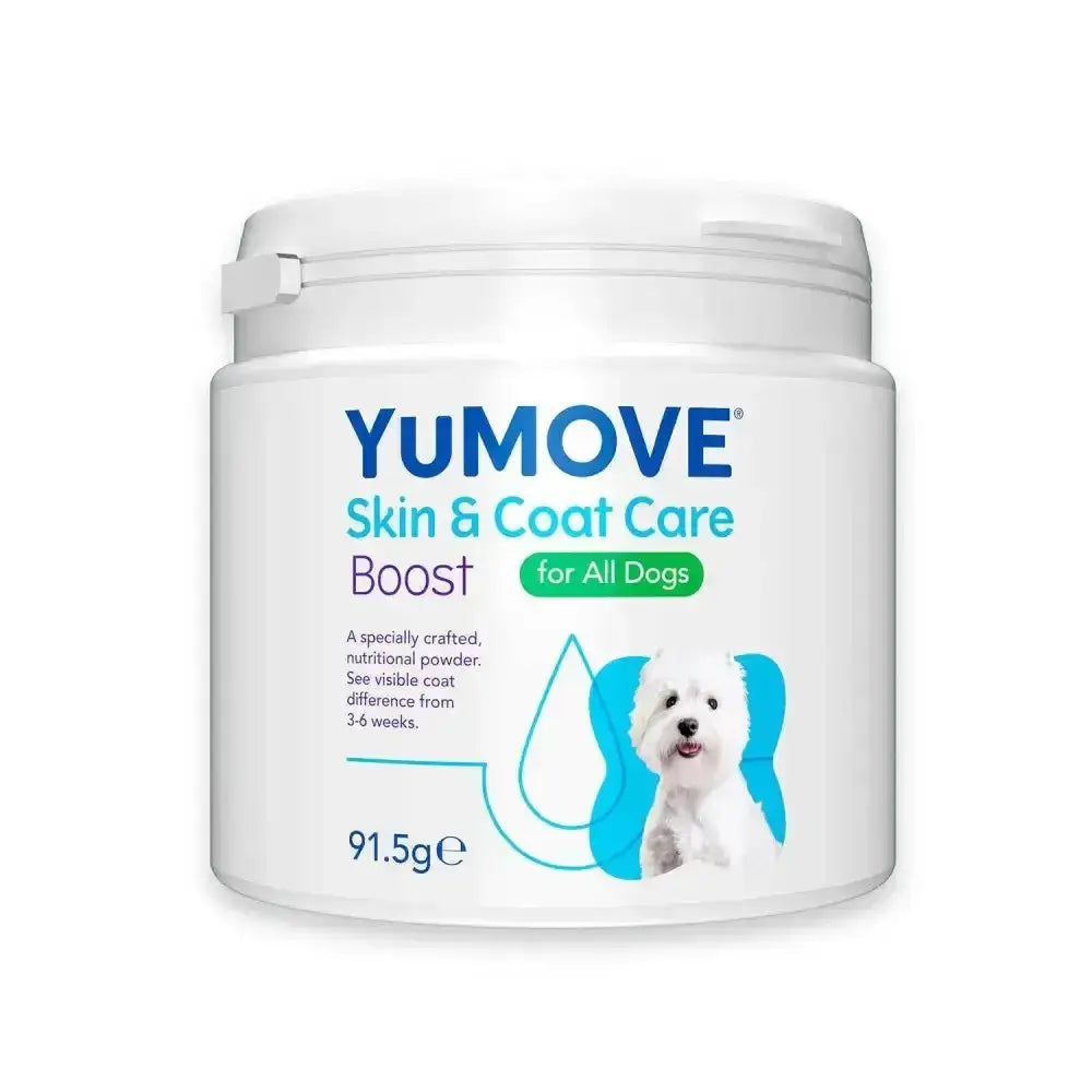 White cylindrical container of yumove skin coat care boost for all dogs with blue green label and white dog image