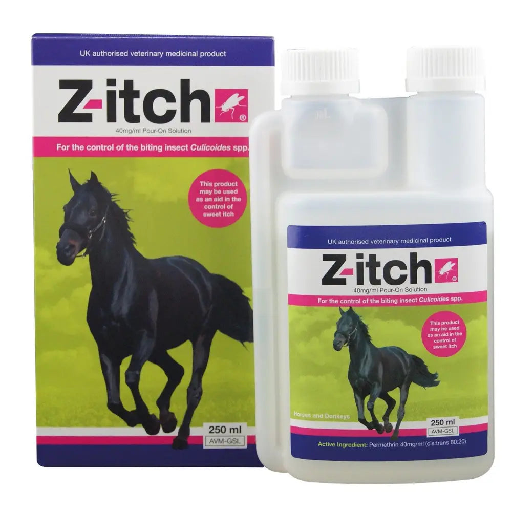 Z-itch 40mg/ml sweet itch pour-on solution in clear plastic bottle with white cap and green box showing black horse
