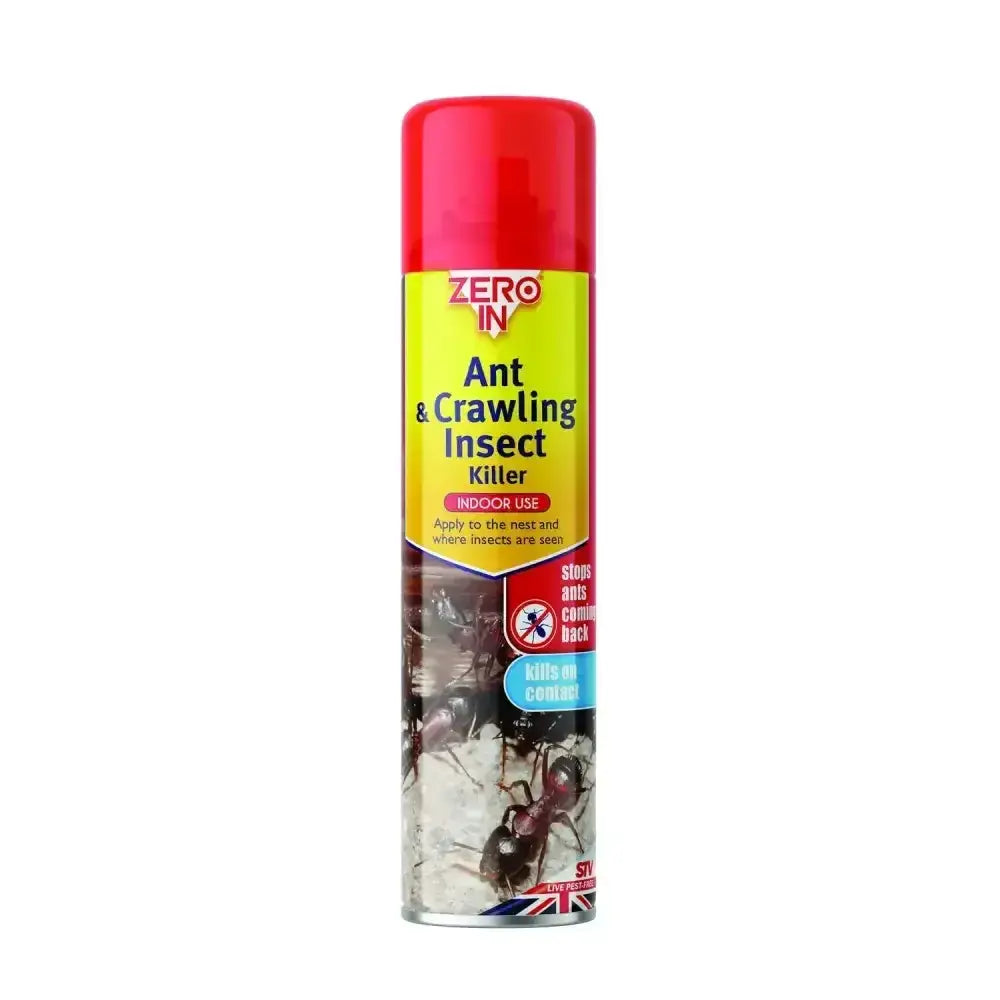 Red-capped zero in ant and crawling insect killer spray with yellow label featuring black and red text for crawling insect killer
