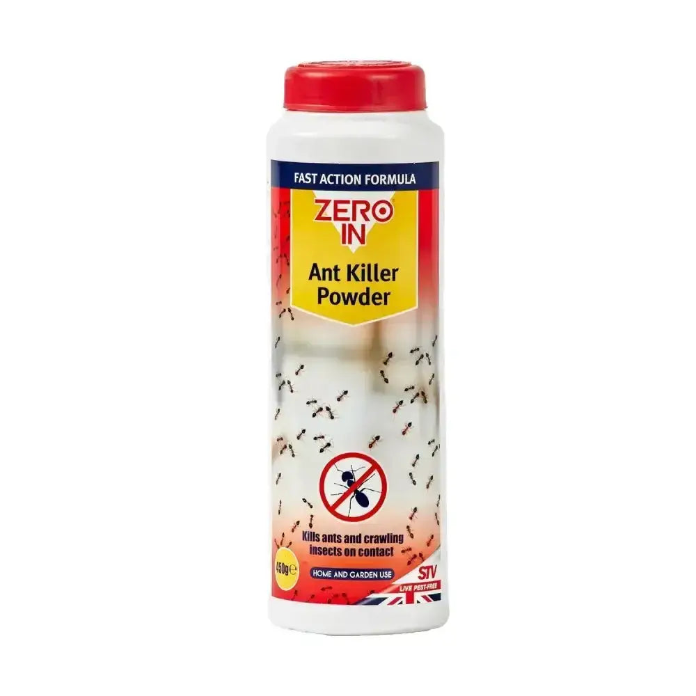 White plastic container with red cap and zero in ant killer powder label for effective ant killer powder use