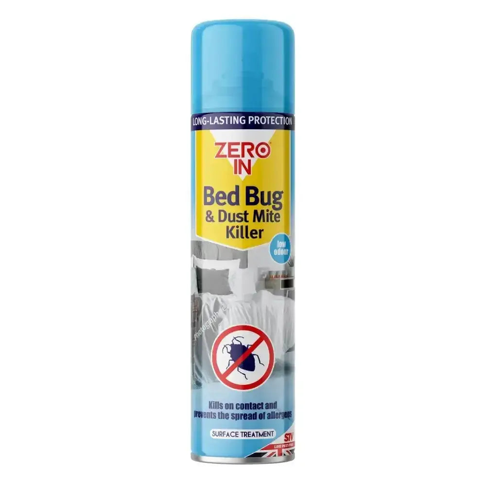 Blue aerosol can of zero in bed bug and dust mite killer spray with natural floral fragrance and yellow label white text