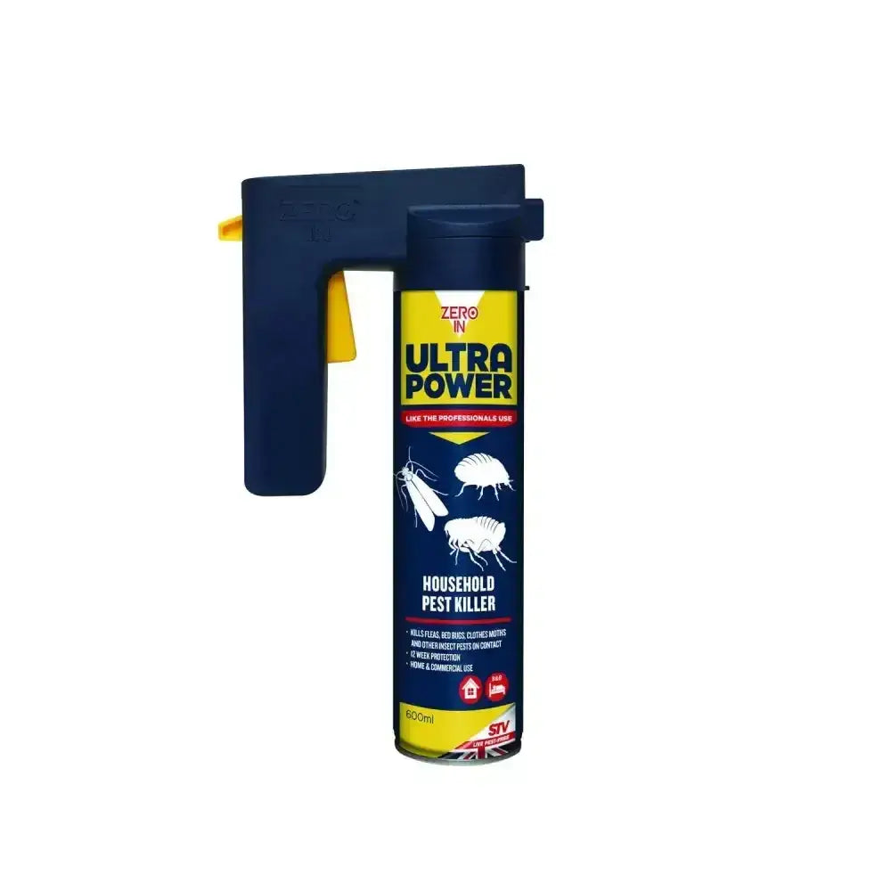 Blue and yellow ultra power household pest killer spray can with black trigger fast acting contact killer