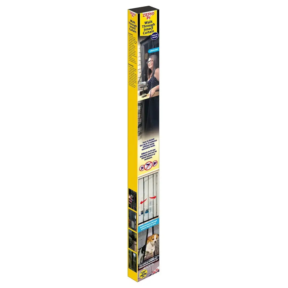 Yellow-packaged zero in walk through insect curtain with weighted mesh panels in vertical box display for universal use