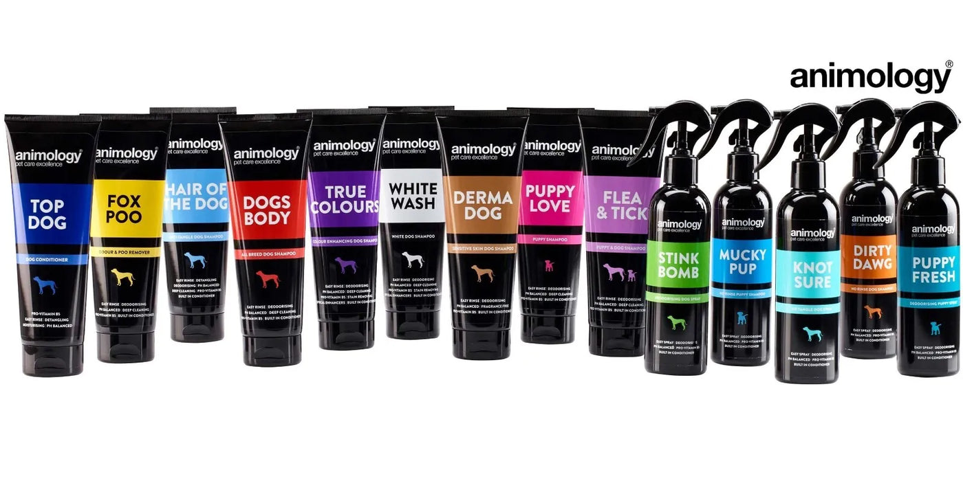 Animology collection of pet care grooming products for pet owners in various scents.