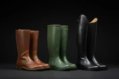 Three pairs of tall boots including brown leather brogue, green rubber rain boots, and black patent riding boots for black friday footwear