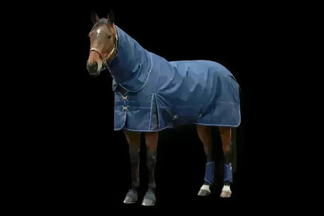 Blue horse blanket with white stitching and metal buckles from black friday horse rugs collection
