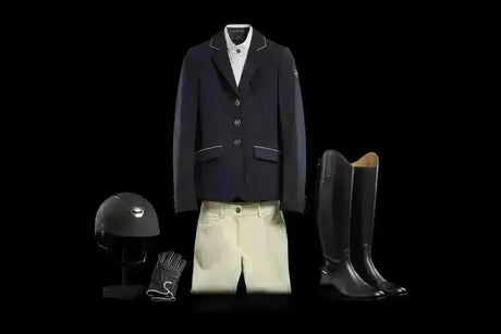 Navy blue equestrian jacket with white trim and three front buttons from black friday rider clothing collection