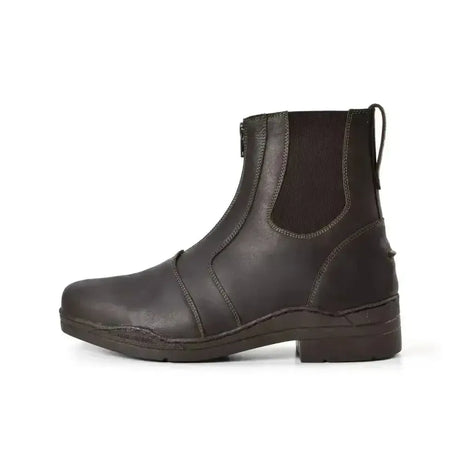 Dark brown leather brogini short riding paddock boots with elastic sides and back zipper pull shown from the back