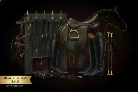 Black leather equestrian saddle with gold toned stirrup and fittings from gallop black friday collection