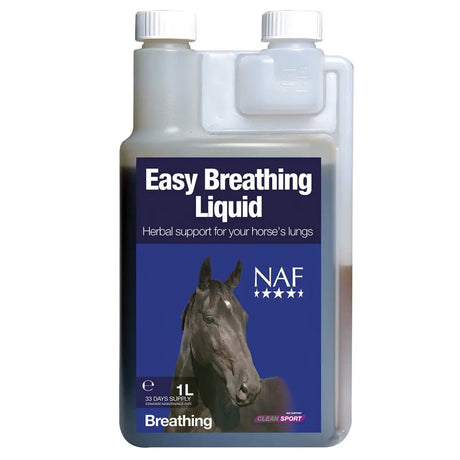 A 1-liter transparent plastic bottle with white cap and pour spout labeled easy breathing liquid for horse airways support
