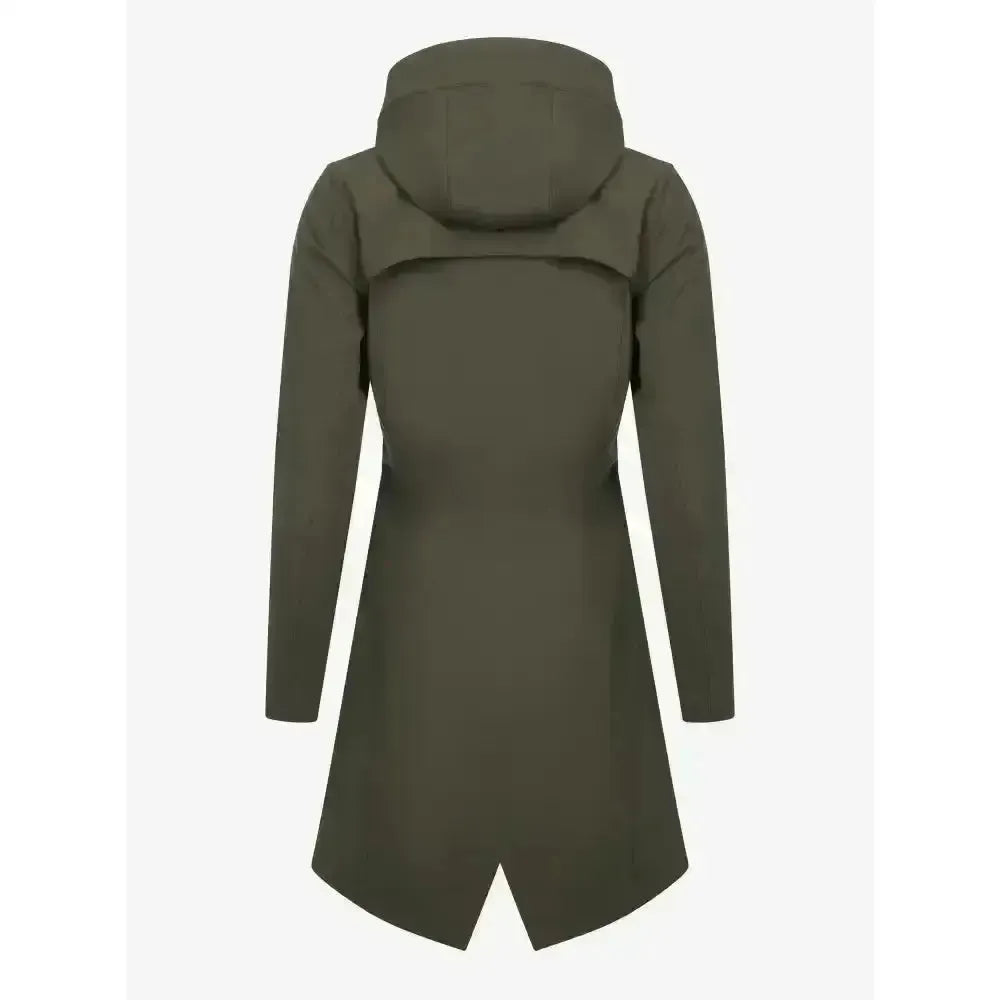 Olive green hooded long waterproof coat with sleek modern design and subtle seam detailing in high-quality fabric