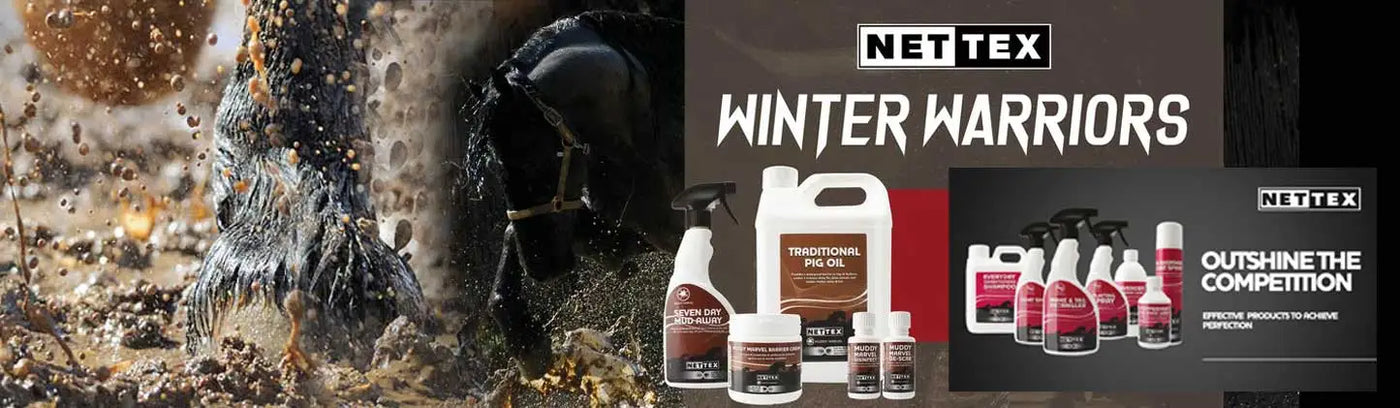 Advertisement for Nettex Winter Warriors grooming products in snowy horse care setting.