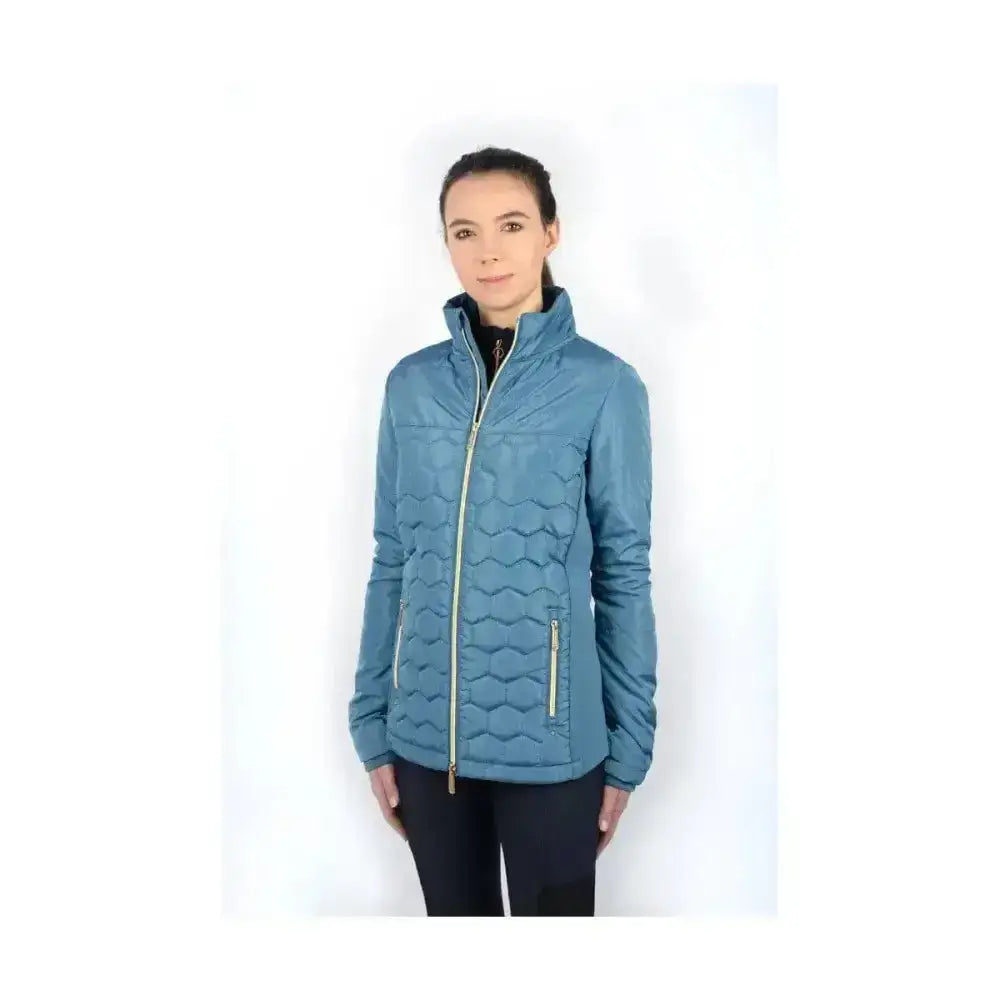 A teal quilted puffer outdoor riding coat with a high collar and gold-toned zipper accents perfect for riding