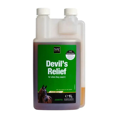 A 1-liter bottle of naf devils relief horse joint supplement with green label and amber liquid for relief & anti-inflammatory from barnstaple equestrian supplies