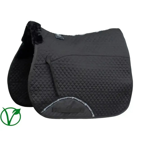 Black quilted rhinegold saddle pad with plush dark fur trim and subtle white branding perfect for high wither support