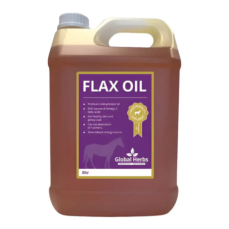 A 5-liter jug of global herbs flax oil with a purple label and amber oil for horse skin care and barnstaple equestrian supplies