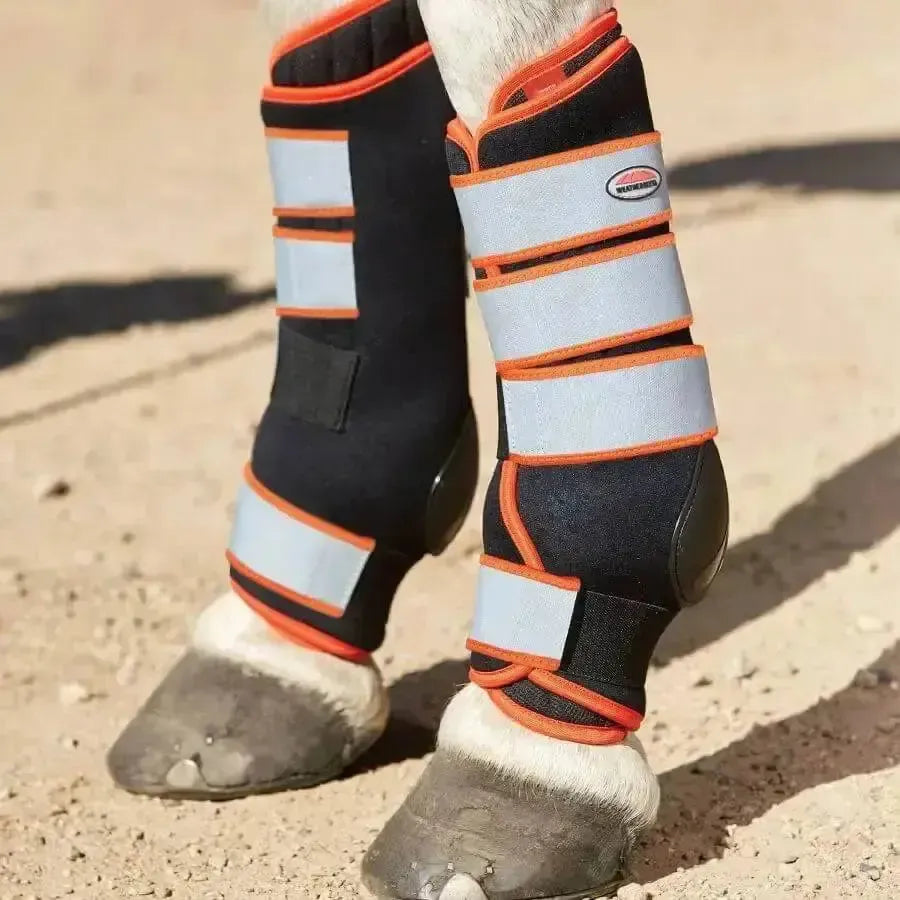 Black and orange reflective padded therapy boots for horses designed for equestrian leg protection and support