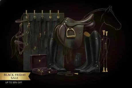 Brown leather equestrian saddle with gold-toned metal fittings from tuffa black friday collection