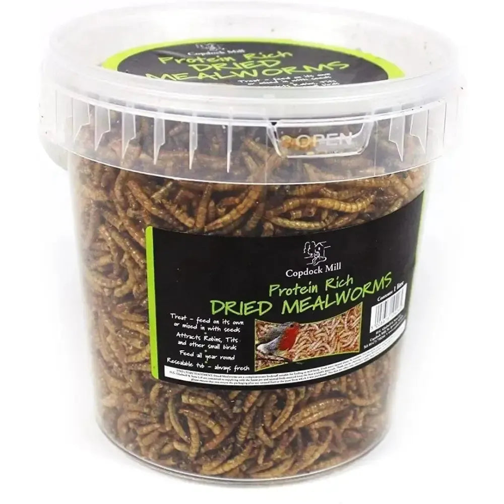 A clear plastic container of brown dried mealworms labeled copdock mill protein rich dried mealworms for wildlife birds at barnstaple equestrian supplies.