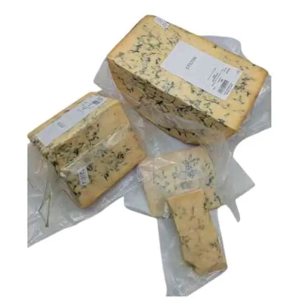 Several wedges of 1st grade stilton cheese wrapped in clear plastic with white labels from local dairy farms like sharpham brie