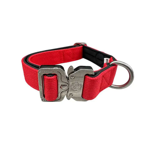 Red woven nylon btactical dog collar with silver metal buckle and black lining in citrus red nylon color
