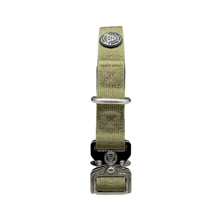 Olive green nylon btactical dog collar with black and silver metal buckle and adjustable hardware in khaki green