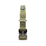 Olive green nylon btactical dog collar with black and silver metal buckle and adjustable hardware in khaki green