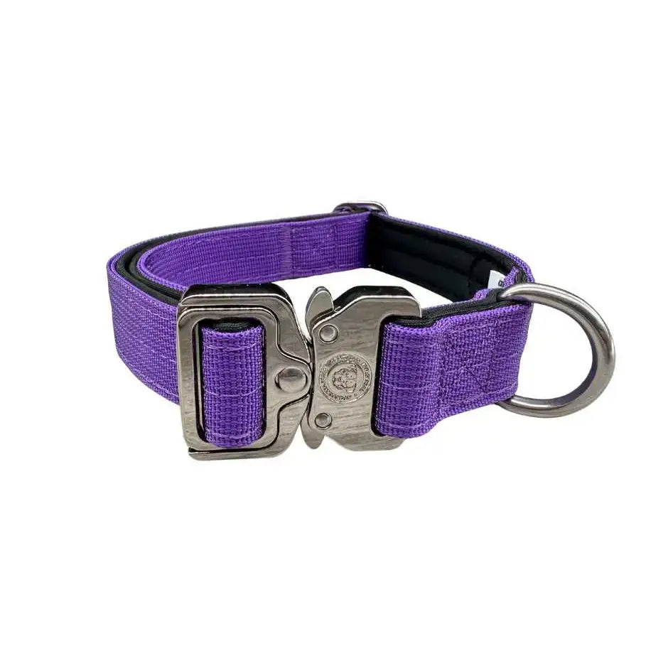 Lavender purple nylon btactical dog collar with woven design and sturdy silver metal buckle and d-ring