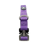 Lavender purple nylon btactical dog collar with silver metal hardware and black plastic buckle for everyday use