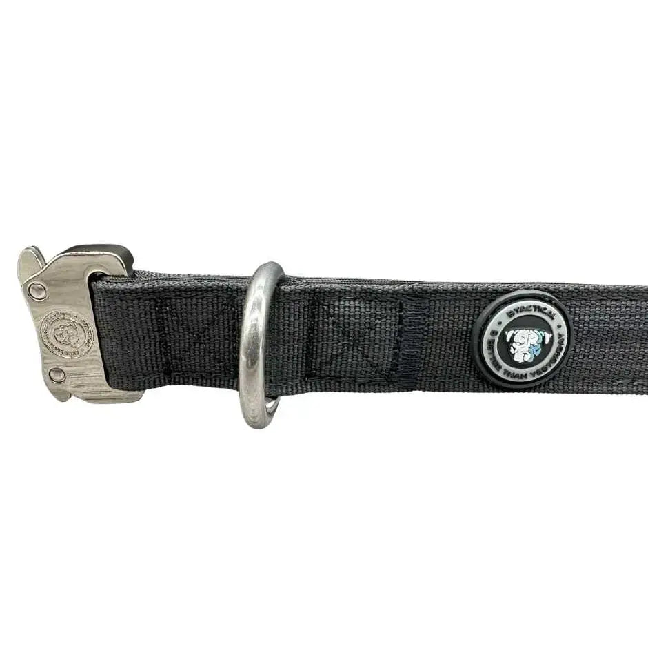Black woven nylon btactical collar 2.5cm with silver buckle d-ring and circular branded emblem midnight black